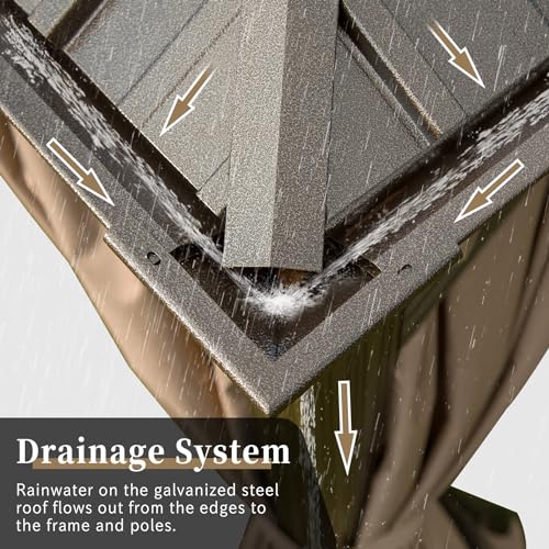 Domi Hardtop Gazebo 12x16FT, Outdoor Gazebo with Galvanized Steel Double Roof, Aluminum Frame, Built-in Gutter System, Curtain and Netting, Metal Gazebo Pavilion for Patio Deck Garden, Brown domi outdoor living