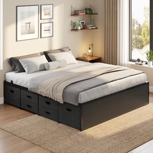 ADORNEVE Full Size Bed Frame with 6 Storage Drawers, Metal Platform Bed with Steel Slat Support, Footboard for Teen/Adult, No Box Spring Needed, Storage Space Under Frame,Easy Assembly, Black ADORNEVE