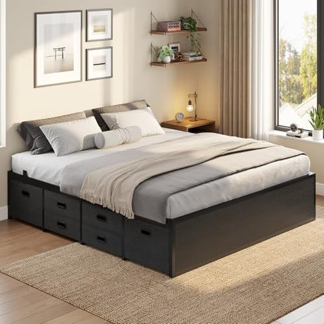 ADORNEVE Full Size Bed Frame with 6 Storage Drawers, Metal Platform Bed with Steel Slat Support, Footboard for Teen/Adult, No Box Spring Needed, Storage Space Under Frame,Easy Assembly, Black ADORNEVE