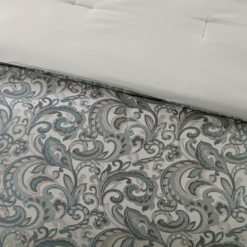Madison Park Essentials Brystol 24 Piece Room in a Bag Faux Silk Comforter Jacquard Paisley Design Matching Curtains Down Alternative Hypoallergenic All Season Bedding-Set, King (104 in x 92 in), Teal Madison Park