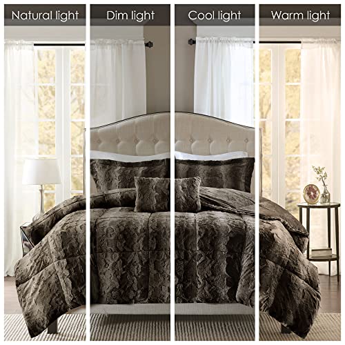 Madison Park Zuri Soft Plush Comforter Set, Faux Fur Animal Stripes Design, Faux Mink On The Reverse, Modern All Season Bedding Set with Matching Sham, Full/Queen, Chocolate Madison Park