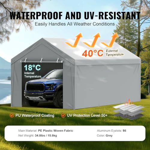 VEVOR Carport Replacement Canopy Cover Top + Side Wall 12 x 20 ft, Garage Tent Shelter Tarp Heavy-Duty Waterproof & UV Protected, Easy Installation with Ball Bungees,Grey (Frame Not Included) VEVOR