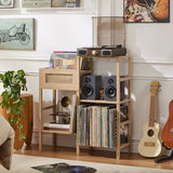 LELELINKY Record Player Stand, Natural Oak Wood Record Holder with Vinyl Storage Holds up to 300+ Albums, 3-Tier Rattan Media Table with Vinyl Display Shelf, Record Storage Cabinet for Living Room LELELINKY