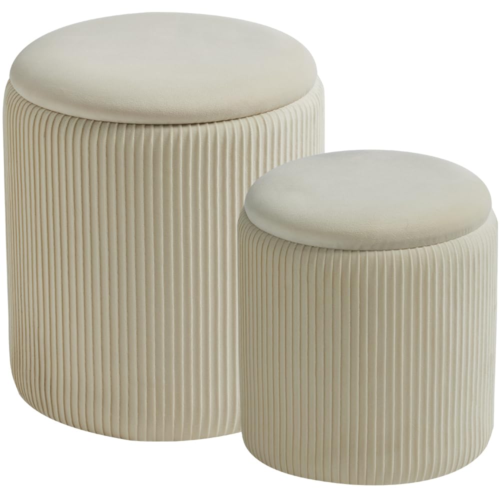 BLEXA Round Set of 2 Ottoman with Storage-Upholstered Velvet Vanity Stool for Makeup Multifunctional Ottomans Coffee Table Padded Seat Foot Rest for Living Room&Bedroom（White） BLEXA
