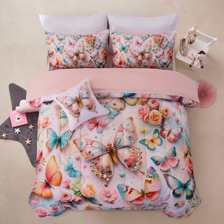 A Nice Night Full 6pcs Bed in A Bag Pink and Blue 3D Various Butterfly Printed, Butterflies Flying in Flower Design Bedding Full Comforter Set, for Girls Kids Teens A Nice Night