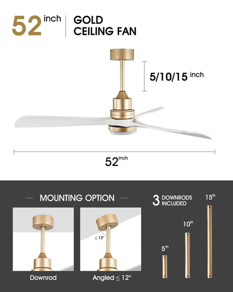 White and Gold Ceiling Fans with Lights Remote Control, 52 inch Modern Gold Ceiling Fan ETL Listed, 3 Downrods, 3 blades Gold Fan Reversible Quiet DC Motor, Timer, 6-Speed for Outdor Patio Bedroom Forrovenco