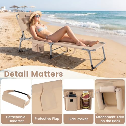 COSTWAY Tanning Chair with Face Hole, Folding Beach Lounge Chair with 4-Position Adjustable Backrest, Pillow & Side Pocket, Foldable Chaise Lounge Chair Outdoor for Sunbathing, Camping (1, Beige)