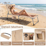 COSTWAY Tanning Chair with Face Hole, Folding Beach Lounge Chair with 4-Position Adjustable Backrest, Pillow & Side Pocket, Foldable Chaise Lounge Chair Outdoor for Sunbathing, Camping (1, Beige)