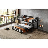 MERITLINE L-Shaped Metal Bunk Bed with Guardrails, Twin Over Full Bunk Bed Frame for Teens, Black MERITLINE