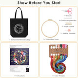 ERKOON Canvas Tote Bag Embroidery Kit for Beginners, Floral Arts Crafts Cross Stitch Kits for Adults Including Stamped Embroidery Bag with Hoops, Needle, Instruction and Color Threads(Wreath)