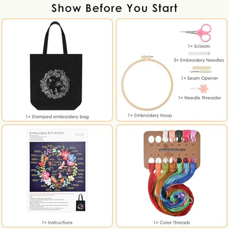 ERKOON Canvas Tote Bag Embroidery Kit for Beginners, Floral Arts Crafts Cross Stitch Kits for Adults Including Stamped Embroidery Bag with Hoops, Needle, Instruction and Color Threads(Wreath) ERKOON