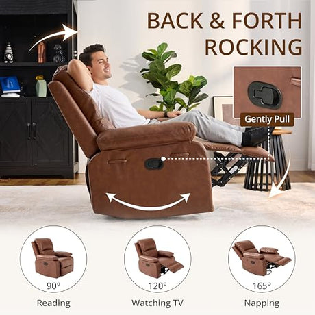 zzlay 360° Swivel Rocking Leather Recliner Chair for Adults, Overstuffed Manual Recliner with Spring Cushion, Glider Rocking Nursery Single Sofa with Side Pockets for Living Room, Camel zzlay
