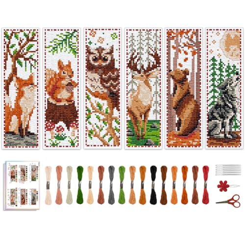 ACRNIGHEET 6 PCS Cross Stitch Bookmark Kit Animals Patterns DIY Stamped Embroidery Bookmark Kit DIY Bookmarks Crossstitch Kits Adul Stamped Embroidery Bookmarks with Instructions 11CT