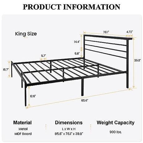 SHA CERLIN King Size Bed Frame with Headboard Shelf and Strong Metal Foundation, No Box Spring Needed, Black SHA CERLIN