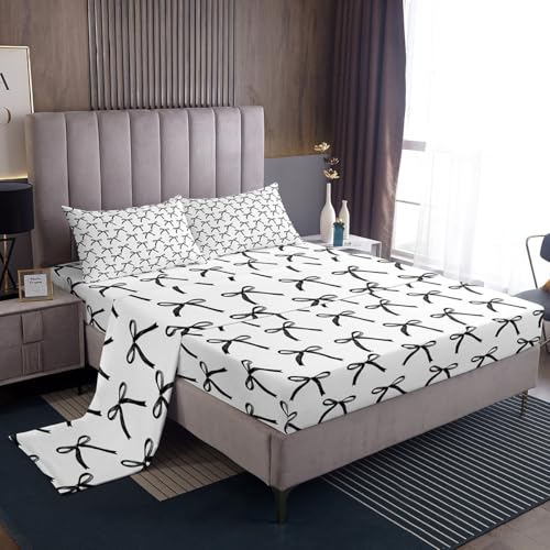 Cartoon Bowknot Kids Sheet King Size,Bow Tie Geometric Patchwork Modern Bedding Set,Girls Women Room Decor,Bow Butterfly Knot Black White Simple Bed Sheet Set 4pcs(Fitted + Flat + 2 Pillowcases) Manfei