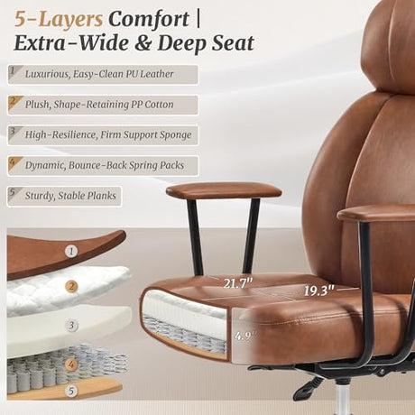 Cozyman High Back Office Desk Chair, Breathable Ergonomic Leather Chair with 5-Layer Seat Cushion with 135°Reclining Lumbar Support Adjustable Height Rolling Swivel Executive Armrests Chair, Brown Cozyman
