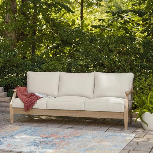 Signature Design by Ashley Carter Hall Outdoor Eucalyptus Wood Patio Sofa – Cushioned with UV-Resistant Nuvella Fabric, 5-Step Protective Finish, Beige Signature Design by Ashley