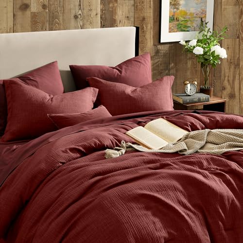 Geniospin Queen Comforter Set - 7 Pieces Comforter Queen Size, Solid Bedding Set for All Season, Dark Red Textured Bed in a Bag with Sheets Geniospin