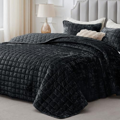 BEDELITE Velvet Quilt Set King Size - Luxury Velvet Comforter Bedding Set 3 Pieces, Soft Cozy Shiny Black Oversized Bedspread Coverlet for All Seasons with 2 Pillow Shams
