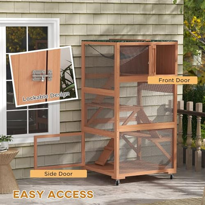 PawHut Catio, Outdoor Cat Enclosure House, Wooden Feral Cat Shelter on Wheels, Cat Cage with Hammock, Platforms Ramps, and Weather Protection Asphalt Roof, 34", Orange