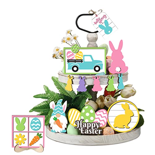 Jetec Tray Decor, 12pcs Bunny Easter Tiered Signs, Wood Gnome Truck Flower Farmhouse Kitchen Decorations, Green, Yellow, Tray not Included Jetec