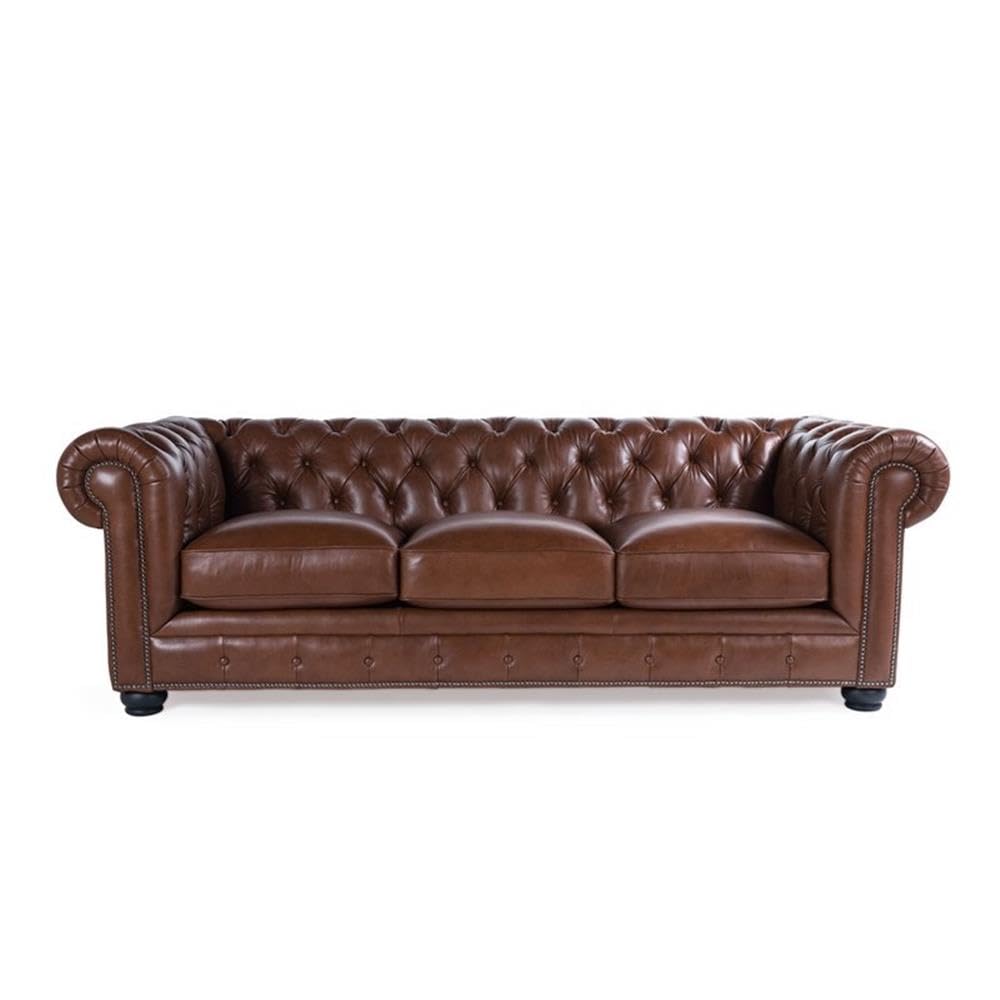 BOWERY HILL 95" W Traditional Leather Tufted Back Chesterfield Sofa with Removable Seat Cushions, Leg Assembly Required, for Living Room, in Chestnut Finish BOWERY HILL