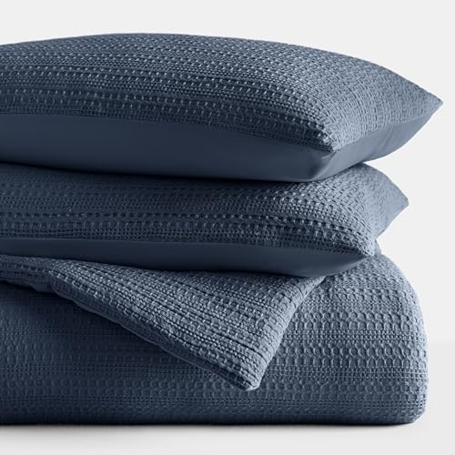 Merit Linens Waffle Textured 3 Piece Comforter Set All Season Down-Alternative Ultra Soft Bedding - Full/Queen Navy Merit Linens