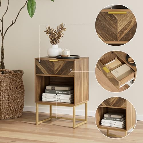 Masupu Nightstand,Modern Night Stand Boho Farmhouse Wood Bedside Table with Storage Drawer Side End Table for Bedroom,Living Room,Office,Walnut Brown Masupu