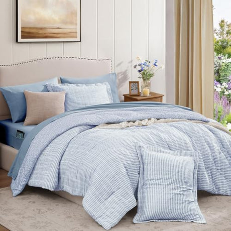 BLOOMHAVEN Queen Comforter Set - 7 Pieces Blue Gauze Muslin Bedding Sets for All Seasons, Lightweight Breathable Bed in a Bag Queen with Revesible Farmhouse Comforter, Sheets, Pillowcases & Shams BLOOMHAVEN