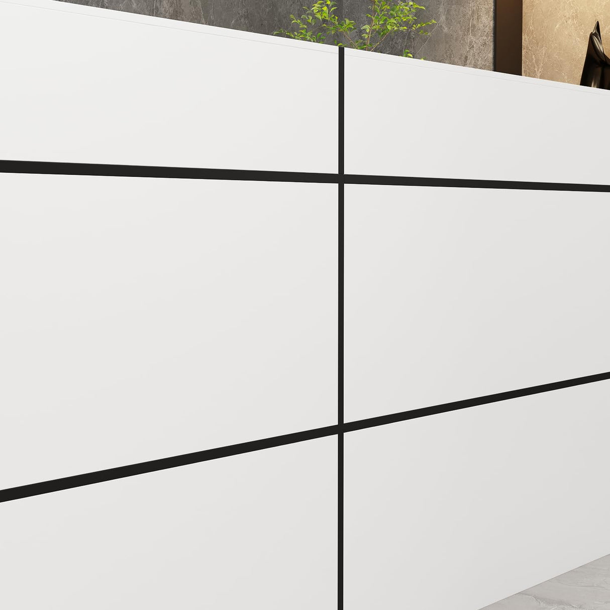 FAMAPY Reception Desk with Shelves, Modern Front Counter Table Checkout Retail Counter for Reception Room Lobby Shop, White and Black, 23.6”D x 86.6”W x 39.3”H FAMAPY