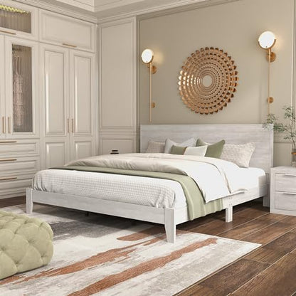 Galano Payne King Size Wood Platform Bed Frame with Headboard in Dusty Grey Oak - WoodArtSupply