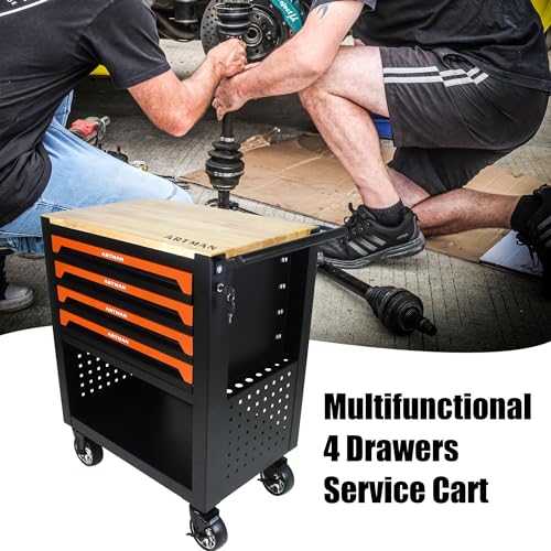 Campfun 4 Drawers Tool Box with Wheels Rolling Tool Cart with Drawers, Workbench Tool Box, Wooden Top Tool Boxes, Metal Multifunction Tool Cart for Campfun