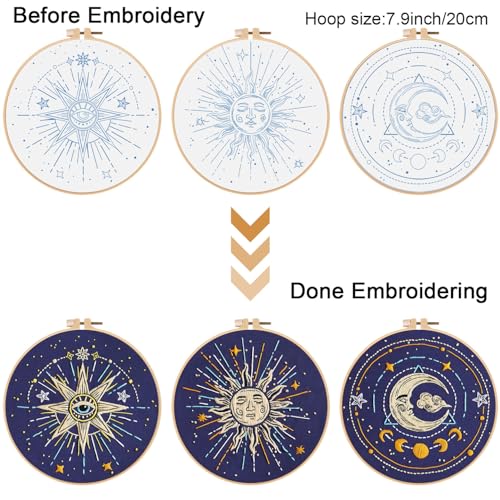 Louise Maelys 3 Set Tarot Embroidery Kits for Beginners,Cross Stitch Kit for Adults,Starters DIY Needlepoint Including Embroidery Cloth with Sun Moon Star Evil Eye Pattern and Instructions