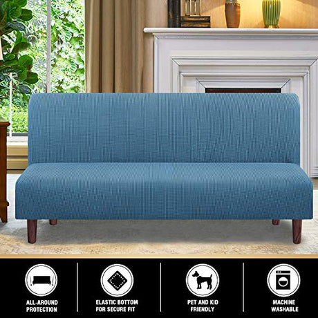 PrinceDeco Stretch Armless Futon Cover - Full Queen Size Sofa Slipcover - Furniture Protector With Elastic Bottom, Checked Pattern Jacquard, Dusty Blue PrinceDeco