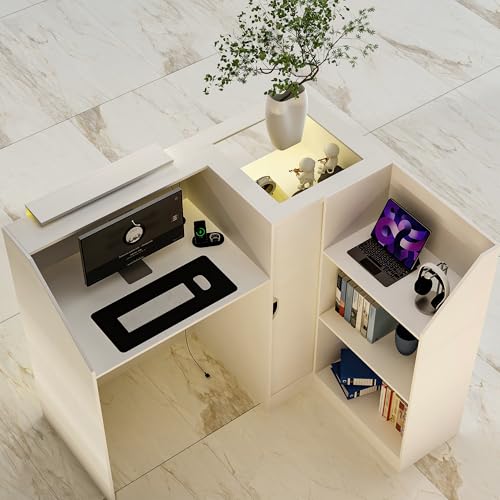 WOODTIME Reception Desk with Counter, Colored LED Light, Glass Front & Open Shelves, Retail Counter with Adjustable Glass Shelves, Checkout Front Desk for Office Clinic Lobby Salon, White WOODTIME