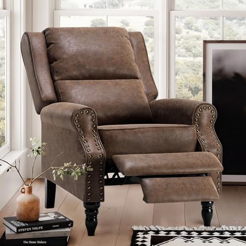 Trygoal Leather Recliner Chair, Pushback Recliner Chair with Adjustable Backrest Footrest, Mid Modern Reclining with Overstuffed Arms Lumbar Support for Reading, Living Room, Coffee Brown