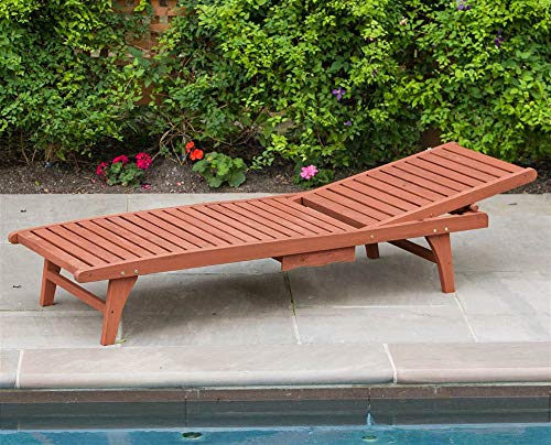 Leisure Season CL7111 Chaise Lounge with Pull-Out Tray - Brown - 1 Piece - Wooden Reclining Outdoor Furniture for Sunbathing, Relaxation - Great Patio, Pool Deck, Garden, Lawn or Beach Loungi - WoodArtSupply