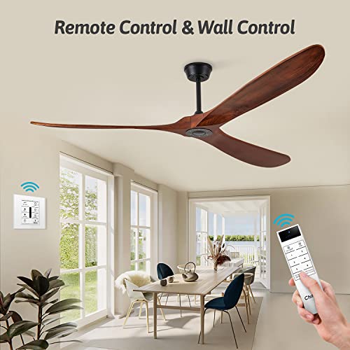Chriari 60'' Ceiling Fan With Remote and Wall Control, Walnut Ceiling Fan with 3 Wood Blades, 6 Speeds Smart Timing Reversible DC Motor, Modern Black Ceiling Fan for Indoor Outdoor Farmhouse/Patios Chriari