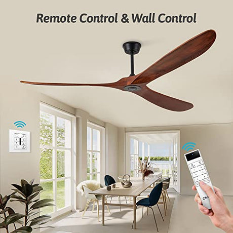 Chriari 60'' Ceiling Fan With Remote and Wall Control, Walnut Ceiling Fan with 3 Wood Blades, 6 Speeds Smart Timing Reversible DC Motor, Modern Black Ceiling Fan for Indoor Outdoor Farmhouse/Patios Chriari