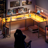 SUPERJARE L Shaped Gaming Desk with Power Outlets & LED Lights, 66 Inch Computer Desk with Monitor Stand & Storage Shelf, Home Office Desk Corner Desk with Hooks, Rustic Brown SUPERJARE