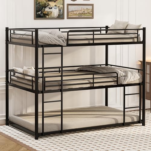 NestLude Triple Bunk Bed Heavy Duty, Twin-Size Metal Bunkbeds with Ladder, Family-Friendly for All Ages, Bedroom, No Box Spring Needed, Easy Assembly (Black) NestLude