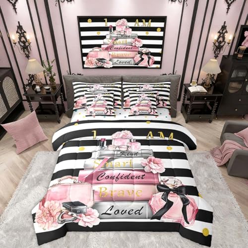 Erosebridal Pink Fashion Comforter Set with Sheets Full for Girls Girly Modern Inspirational Quotes Women Abstract Black White Stripes Bed in a Bag Books Floral Perfume Makeup 7 Piece Bedding Set Erosebridal