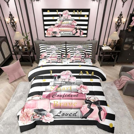 Erosebridal Pink Fashion Comforter Set with Sheets Full for Girls Girly Modern Inspirational Quotes Women Abstract Black White Stripes Bed in a Bag Books Floral Perfume Makeup 7 Piece Bedding Set Erosebridal