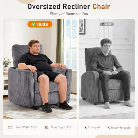 Furnimart Oversized Manual Recliner Chair for Adults, 30" Extra-Wide Corduroy Recliner with Chunky Cushion, High Back & Padded Armrests, Comfy Chair for Living Room, Bedroom, Home Heater(Gray) Furnimart