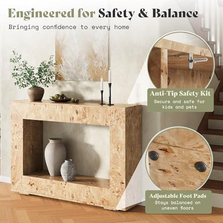 AMERLIFE 47.2" Burl Wood Console Table, Narrow Entryway Table with Storage, Modern Luxury Sofa Table for Living Room, Entrance, Hallway, Foyer & Office, Natural AMERLIFE