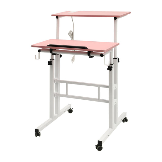 YIPONYT Mobile Standing Desk with 2 USB Ports and Outlets, Adjustable Standing Computer Desk, Standing Adjustable Laptop Cart with Wheels, Rolling Desk Laptop Cart (Pink)