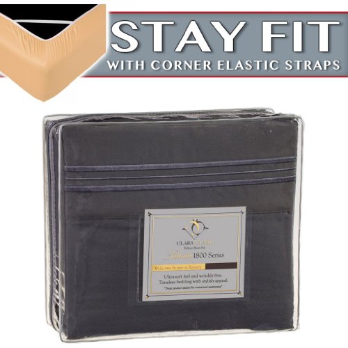 Clara Clark 1800 Series Bed Sheet Sets - Stay fit on Mattress with Elastic Straps at Corners - Twin (Single), Charcoal Stone Gray (75”x39” Fits XL) Clara Clark