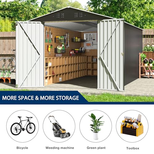 VIWAT 8' x 12' Outdoor Steel Storage Shed with Updated Frame Structure and Lockable Doors, Metal Shed Upgrade Height Ideal for Garden, Backyard, and Patio Utility and Tool Storage - WoodArtSupply