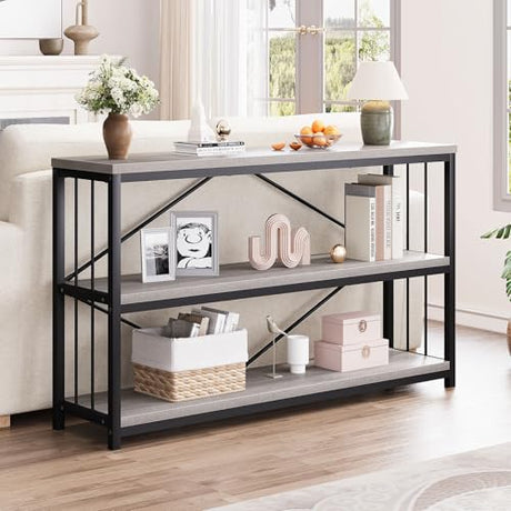 LVB Farmhouse Entryway Table, Metal Wood Console Table for Hallway, Industrial Rustic Sofa Table with 3-Tier Storage Shelf, Modern Entry Table for Foyer Front Home Living Room, Light Grey Oak, 47 inch LVB