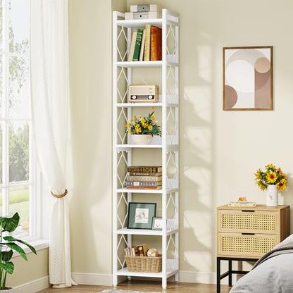 Tribesigns 78.7 Inch Extra Tall Narrow Bookshelf, 7 Tier Skinny Bookcase for Small Spaces, Freestanding Display Shelves, Multifunctional Corner Storage Organizer for Home Office, White